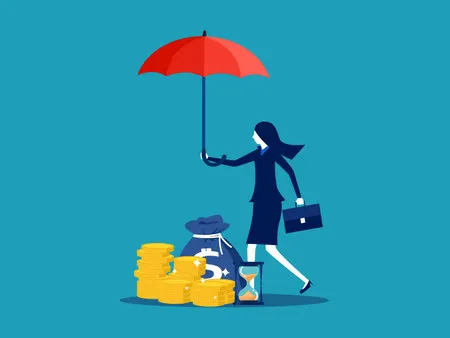 196980174-mujer-de-negocios-extendiendo-un-paraguas-a-pilas-de-monedas-y-relojes-vector-de-concepto-de